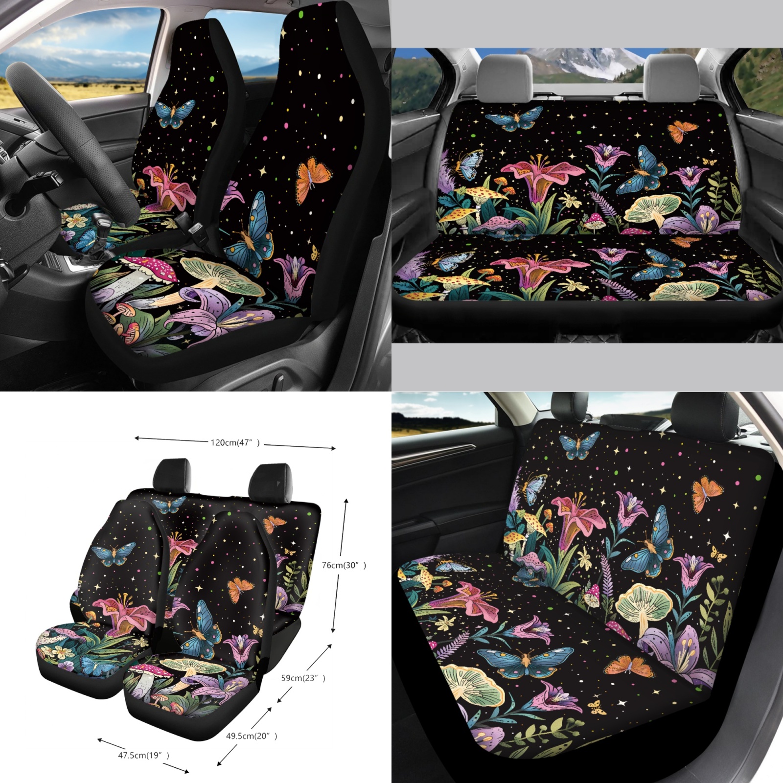 Garronmavis Aesthetic Butterfly Petunia 15 PCS Car Seat Cover Full Set 4 Pieces Car Seat Covers Steering Wheel Cover Keychain Car Trash Bag Car Dash Accessories Rearview Mirror Cover Car Coasters