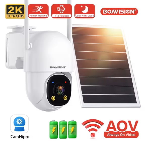 2K AOV Solar Camera Outdoor Wireless WiFi, 2.4GHz&5Ghz WiFi Security Camera,Color Night Vision, Smart 24/7 Recording, Auto-Tracking, IP66