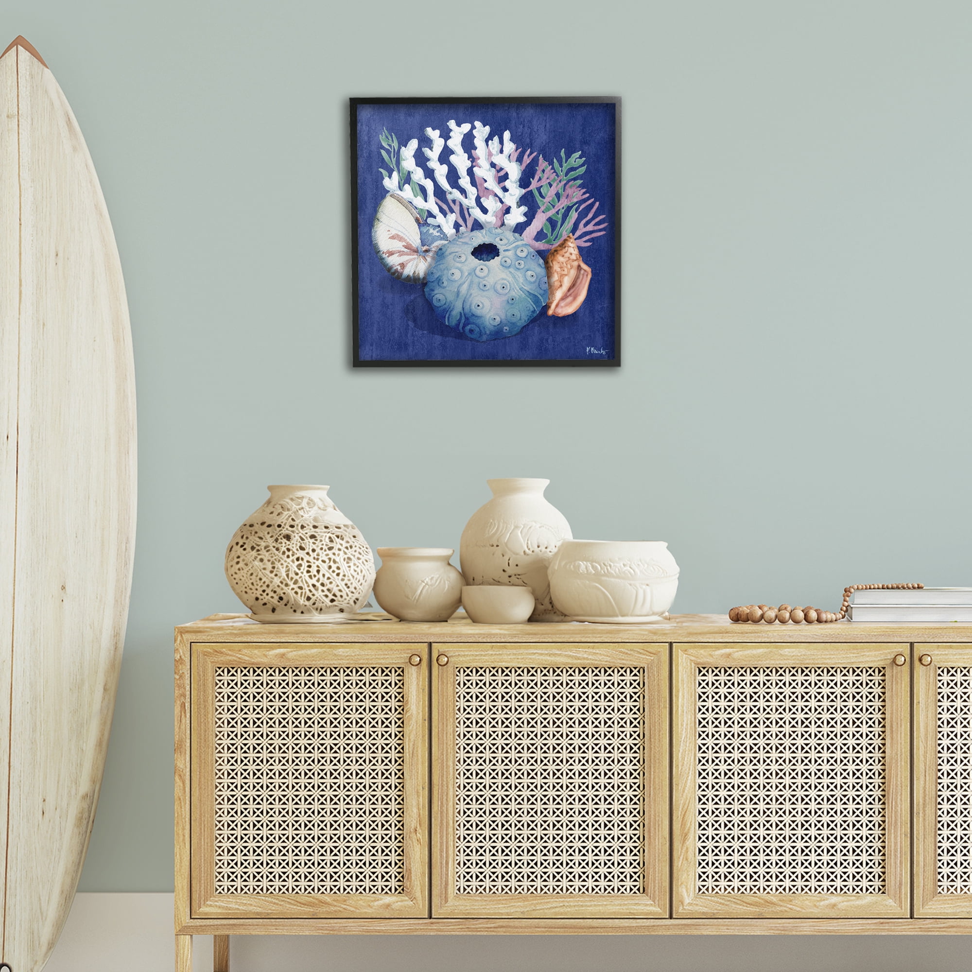 Stupell Industries Sea Urchin & Coral Coastal Painting Black Framed Art Print Wall Art, 24 x 24