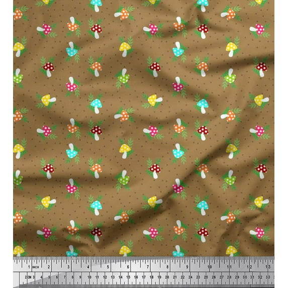 Soimoi Brown Cotton Jersey Fabric Dot,Leaves & Mushroom Vegetable Printed Craft Fabric by the Yard 58 Inch Wide