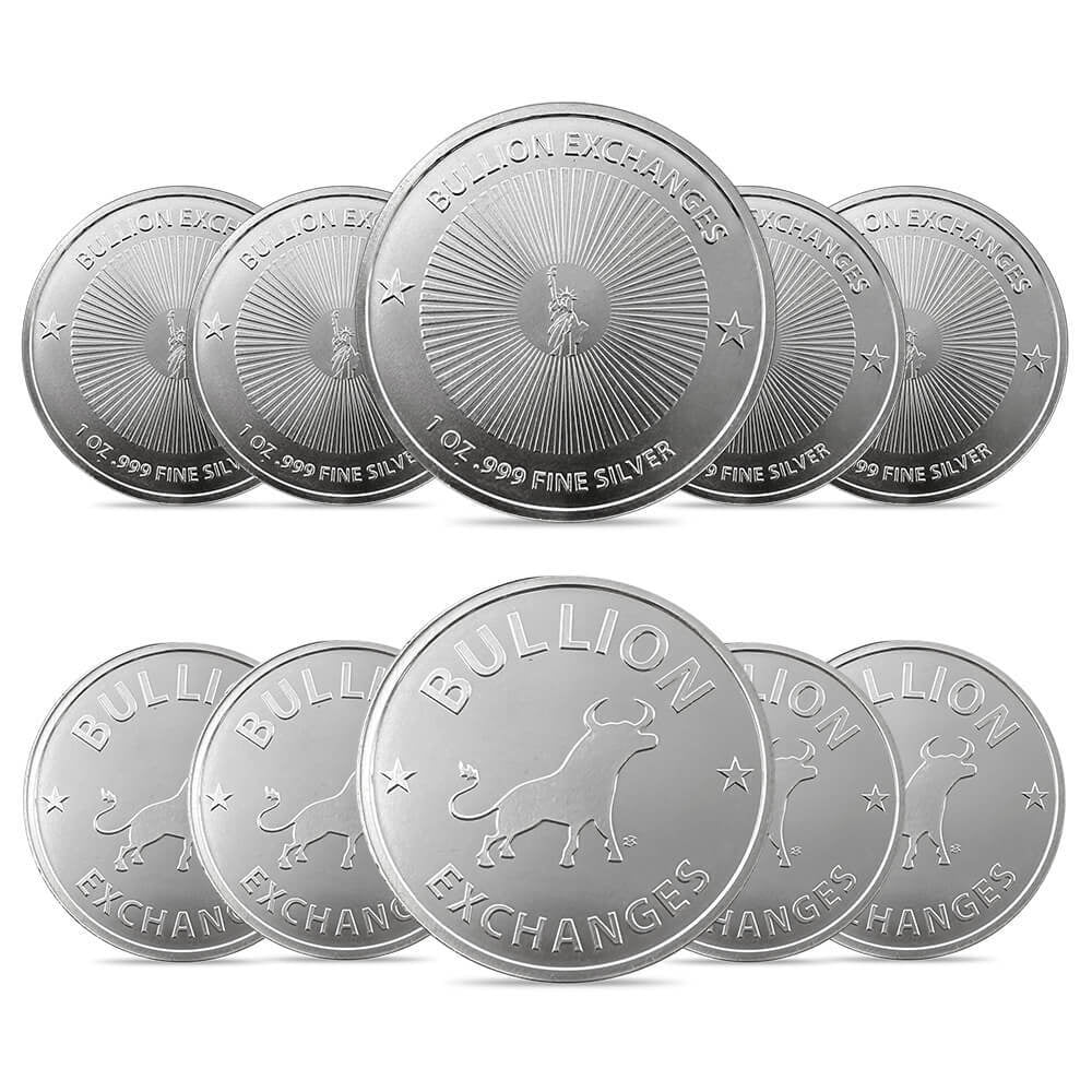 Bullion Silver Coins, Lot of 10, 1 oz Silver Generic Rounds .999