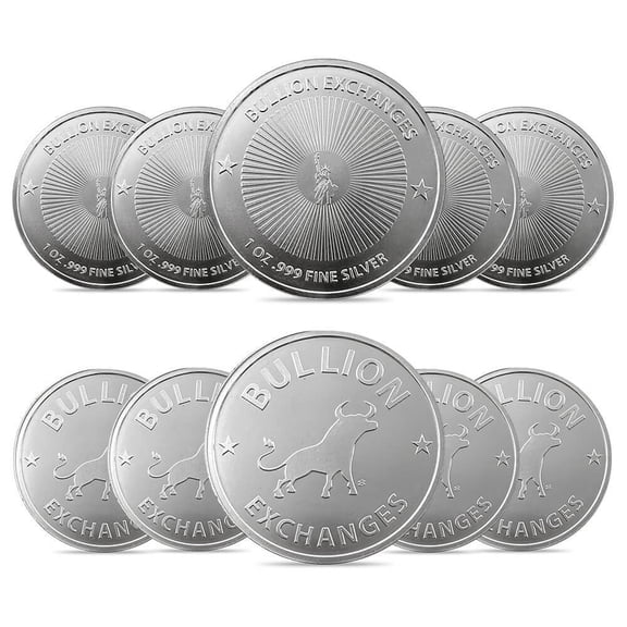 Lot of 10 - 1 oz Bullion Exchanges Silver Round .999 Fine