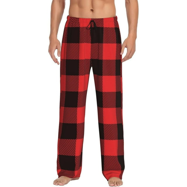 Fotbe Buffalo Plaid Red Black Pantalones de Pijama para Hombre, Pantalones de Dormir, Pantalones de Casa con Cintura Ajustable y Bolsillos-Large