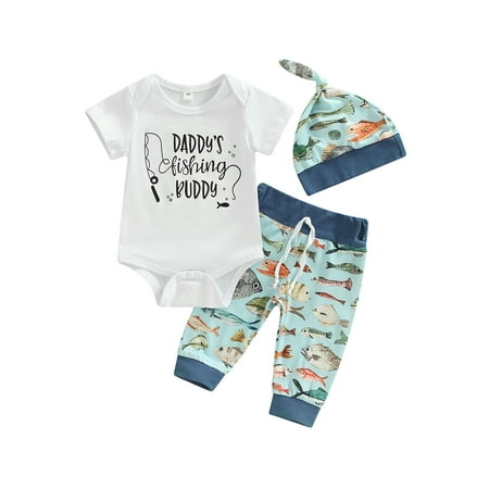 

Binpure Newborn Letter Print Short Sleeve Romper + Colorful Fishes Patchwork Drawstring Trousers + Knotted Hat