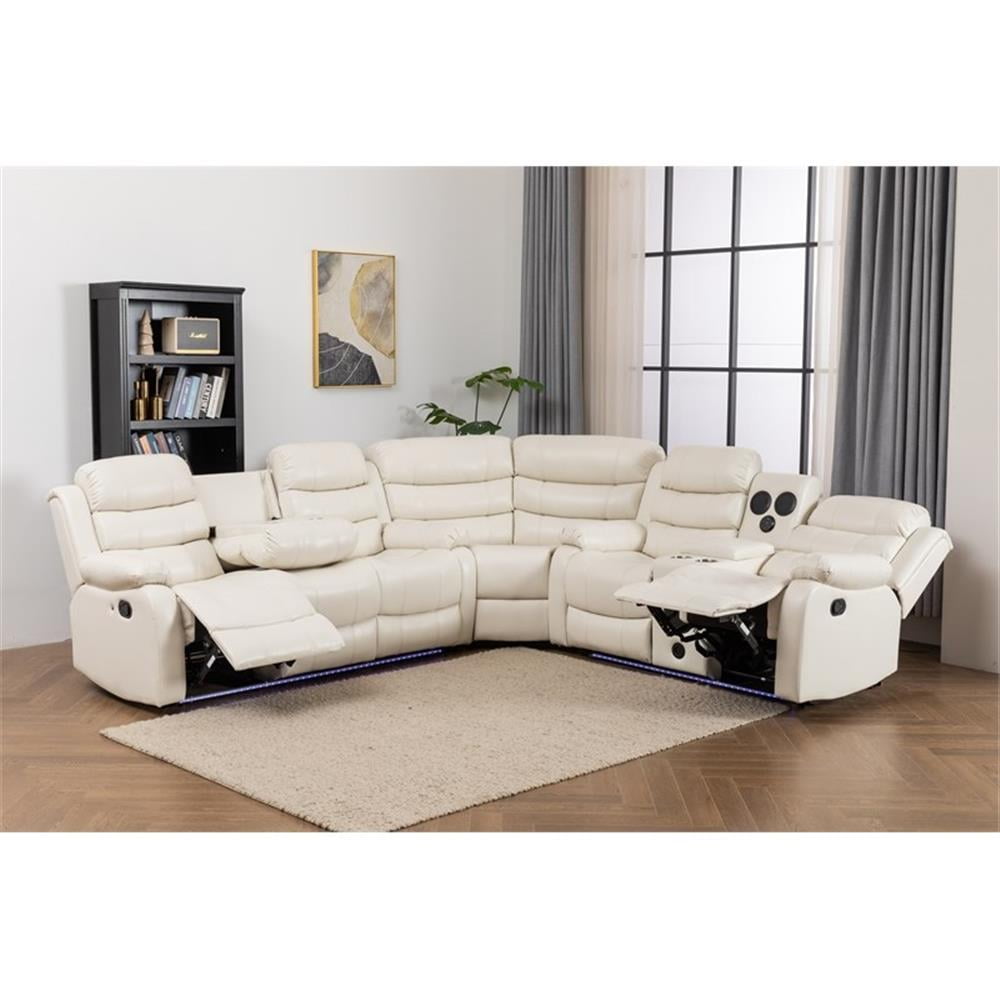 Pemberly Row Faux Leather Living Room Set Modern Reclining Sectional Sofa White