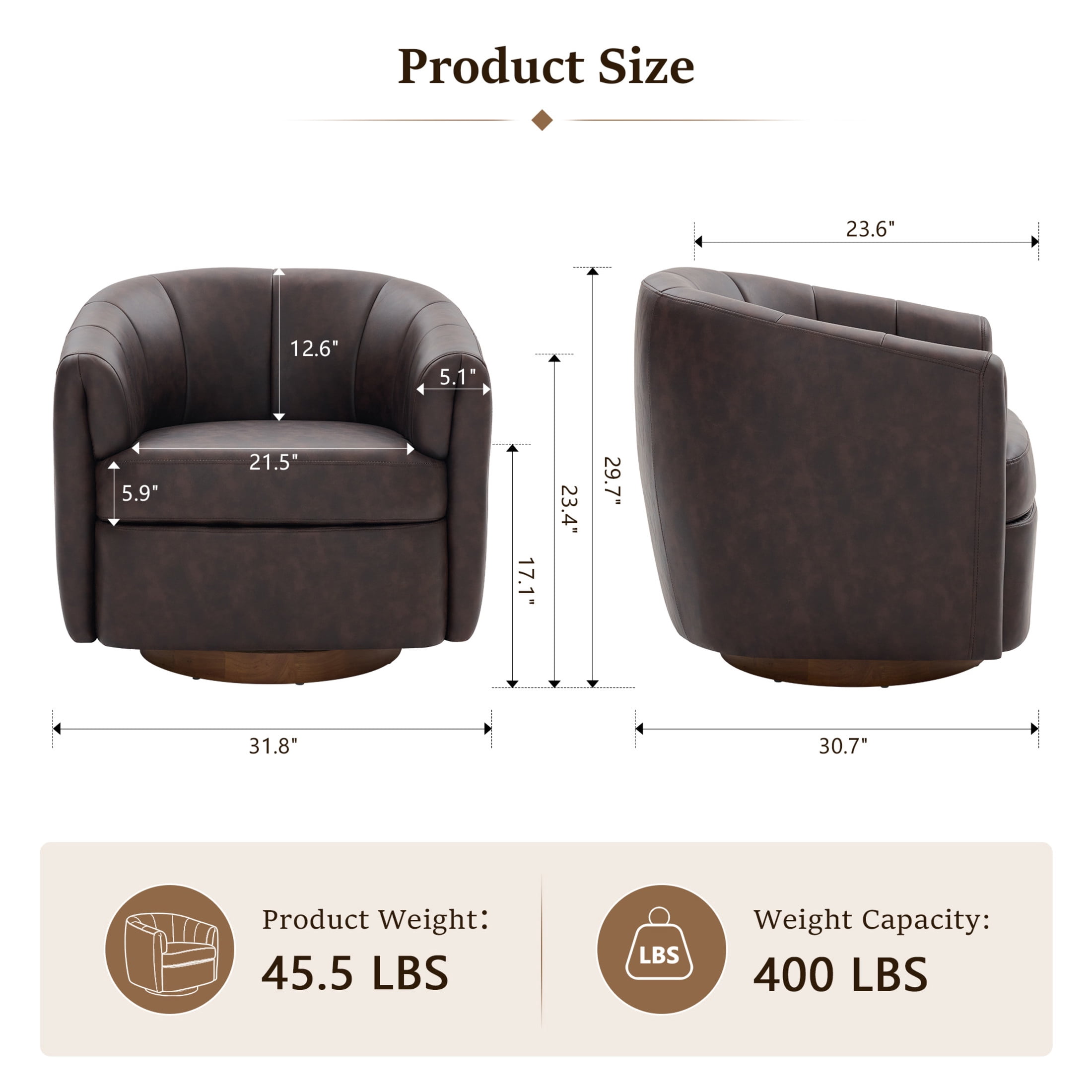 Noble House Swivel Accent Chair with Solid Wood Base, PU Upholstered Armchair for Living Room, Dark Brown
