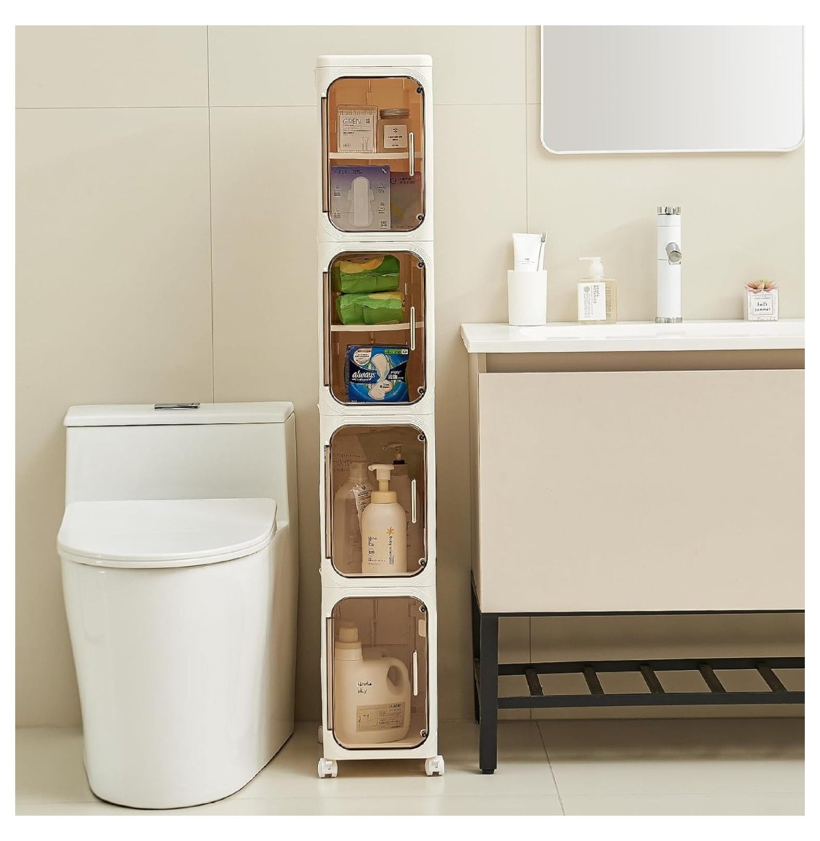 4-Tier Tall Narrow Storage Cabinet- Plastic Slim Bathroom Storage Organizer with Magnetic Doors,Adjustable Shelves&Movable Wheels, Foldable Skinny Cabinet for Small Spaces,Kitchen