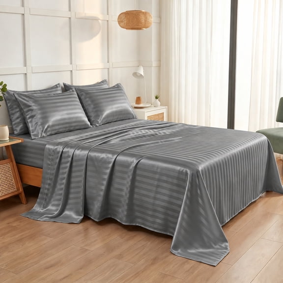 WVG Satin Bed Sheets,Twin Sheets Set Striped, Luxury Soft Silky Bedding Set with 14 Inches Deep Pocket for Mattress, WVG Satin Bed Sheets for Hot Sleeper