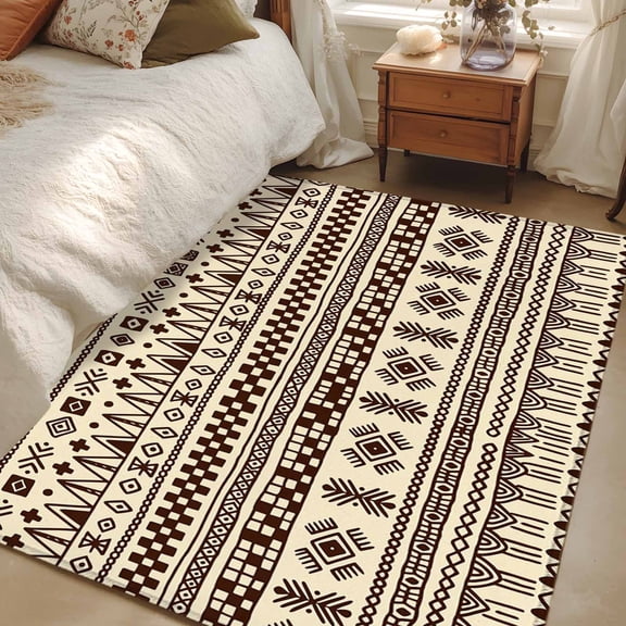 Area Rug for Living Room, Boho Non-Slip Indoor Large Carpet for Bedroom/Dining Room, Beige Brown Traditional Ethnic Geometric Motifs Washable Low-Profile Rectangle Floor Mat Runner Rugs - 2.7 x 5 Ft
