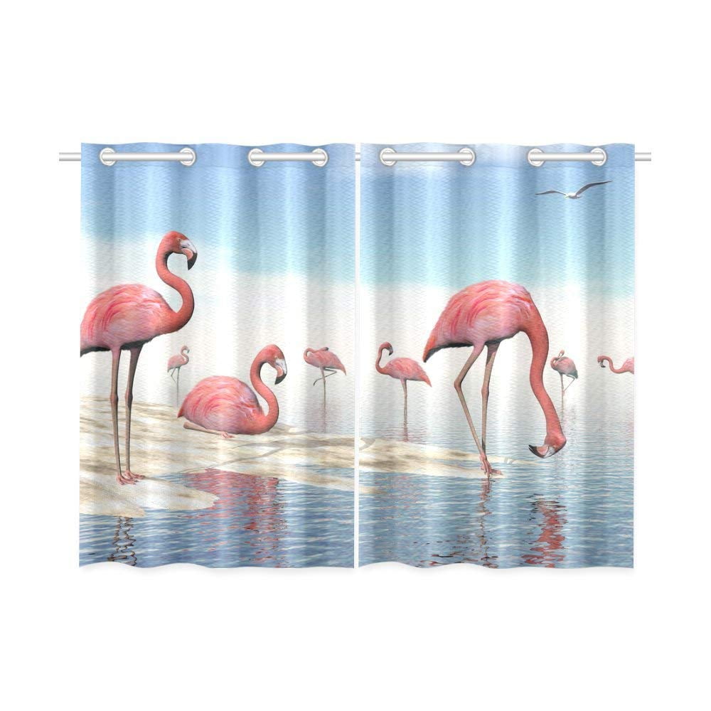 Cute Pink Flamingos Bird Theme Window Drapes Kitchen Curtains 2 Panel 55*39 Inch 
