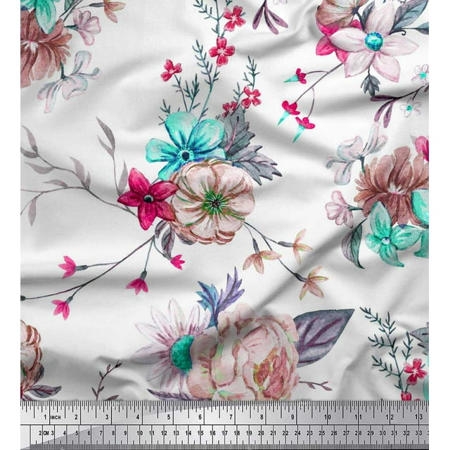Soimoi Green Polyester Crepe Fabric Leaves & Floral Print Sewing Fabric BTY 42 Inch Wide