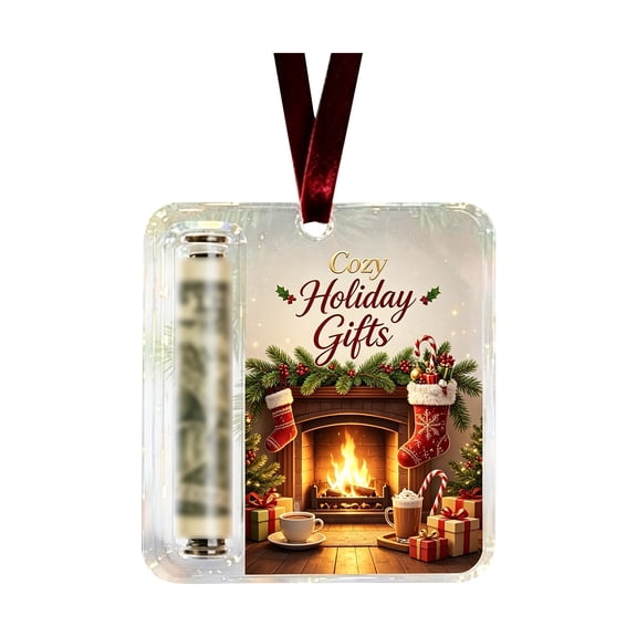 Christmas Cash Gift Holder Ornament,Crystal-Clear Christmas Money Holders for Cash, Funny Holiday Xmas Tree Hanging Ornaments Decor, Birthday Graduation Back to School Gift (1Pcs,Fireplace)