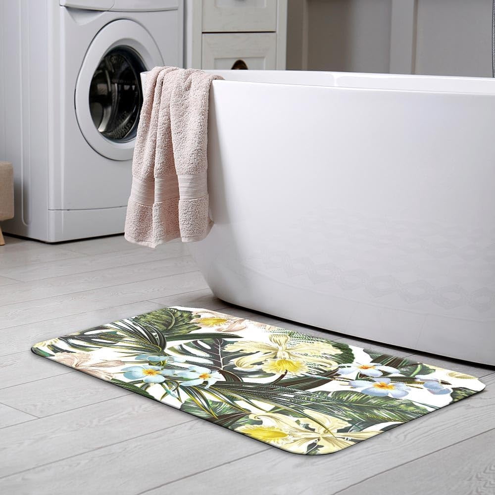 Floral Tropical Pattern Summer Bath Rugs 16x24 Inch Non Slip Bath Mat Quick Dry Super Absorbent Thin Bath Rug Fit Under Door Washable Bath Floor Rugs for Bathroom Bathtub Shower Sink,Multi 3