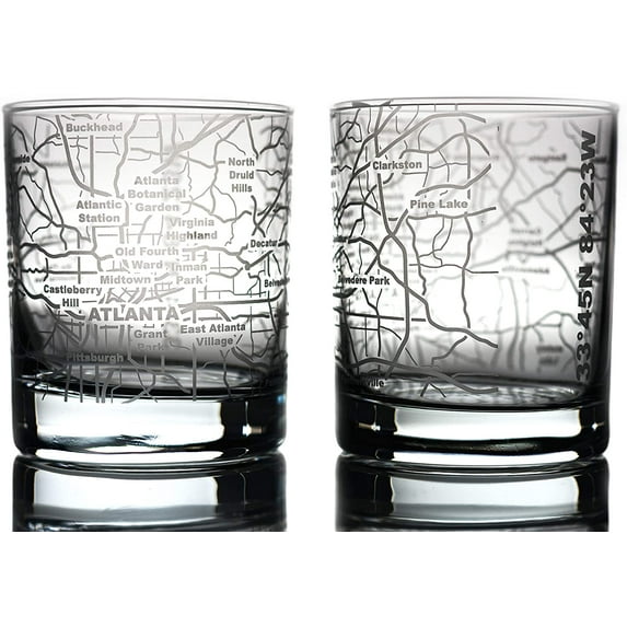 Atlanta Map Whiskey Glasses Tumbler Gift Set, Etched with Atlanta Map | Old Fashioned Rocks Glass (Set of 2) - 10 Oz