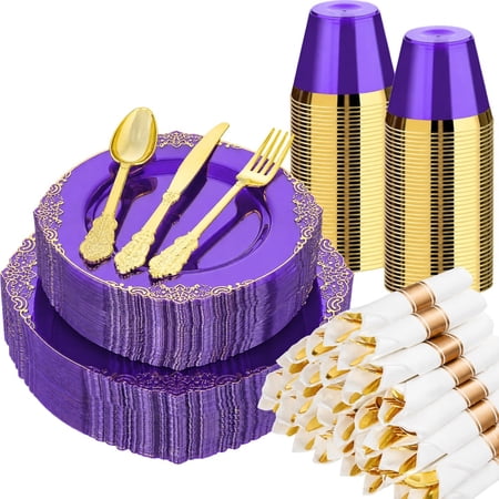 Goodluck Purple Disposable Dinnerware Set, 350-Piece for 50 Guests