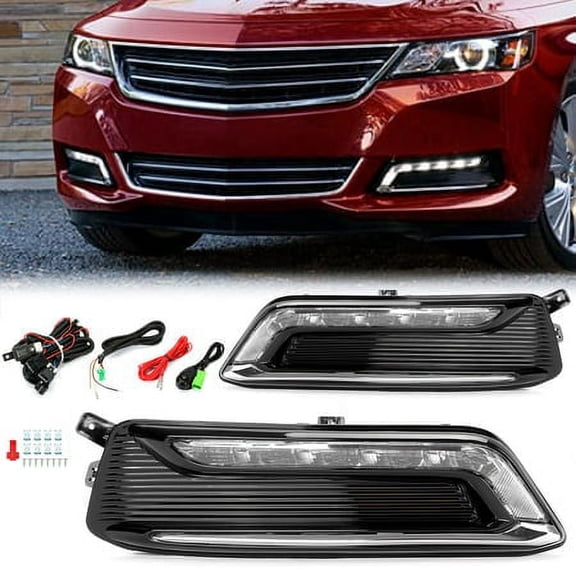 Kojem LED DRL Fog Light Lamp w/Fog Light Bezel Driving Lights Wiring Kit & Switch Pair Compatible with 2014-2020 Chevrolet Impala (Clear Lens)