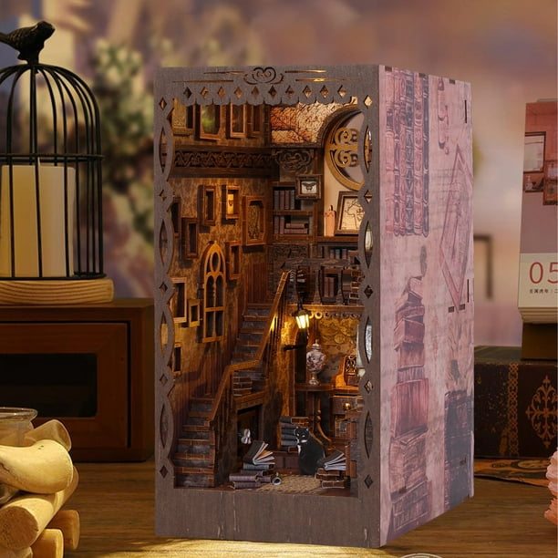 Huamade Diy Book Nook Kit, 3d Poupée en bois Kit miniature Bibliothèque  Bookends With Light, cadeau pour adultes Enfants