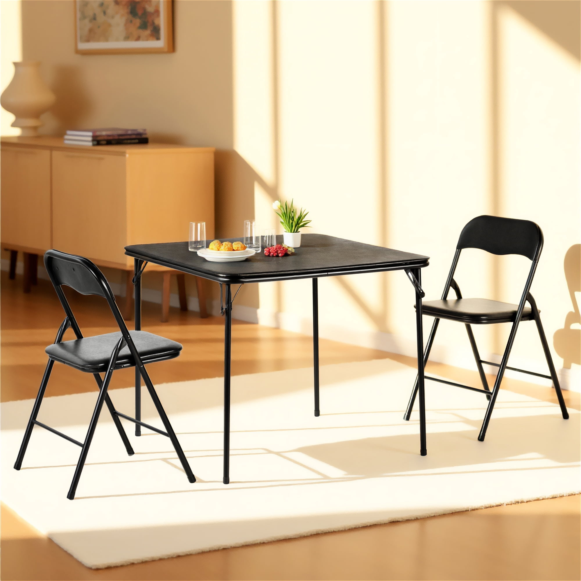 Homy Casa 3-Piece Folding Dining Set with 33.9in Square Table and 2 Metal Chairs, Black