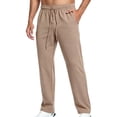 thumbnail image 4 of Men's Waffle Knit Casual Pants Fashion Loose Fit Straight Leg Button Closure Drawstring Elastic Waist for Travel Daily Wear Fall, Khaki, XL, 4 of 9