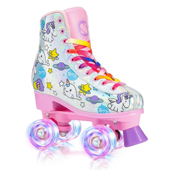 Roller Skates for Girls Light up Wheels Kids with High Top Reflective TPU Leather Rainbow Unicorn