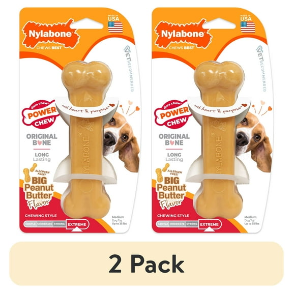 (2 pack) Nylabone Power Chew Original Bone Dog Chew Toy Peanut Butter Medium (1 Count)