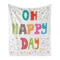 thumbnail image 1 of Wording Soft Flannel Fleece Throw Blanket, Doodle Colorful Typography Oh Happy Day Words with Dots and Snowflake Images, Cozy Plush for Indoor and Outdoor Use, 50" x 60", Multicolor, by Ambesonne, 1 of 6