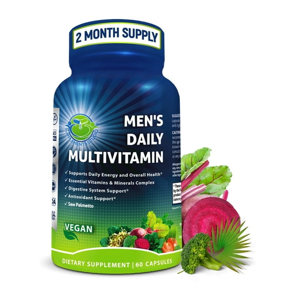 Men's Daily Multivitamin – Vegan Methylated Multivitamin for Men with Saw Palmetto, Biotin, Organic Superfoods, Probiotics & Enzymes – Energy, Gut & Optimal Health Support – Easy to Swallow Capsules