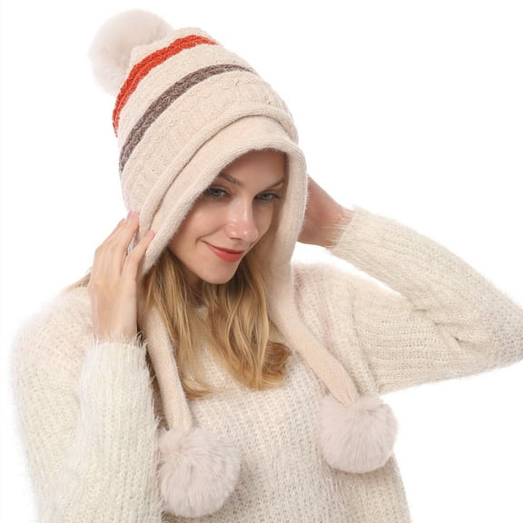 Women Winter Peruvian Cover Ears Beanie Hat, Ear Flaps Sherpa Ski Snow Hats, Knit Warm Pompom Hat