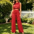 thumbnail image 6 of Women 2 Piece Summer Polka Dot Matching Outfit Set, Sleeveless Crop Top Tie Waist High Rise Wide Leg Pants Slim Fit Casual Vacation Tracksuit Red M(M), 6 of 6