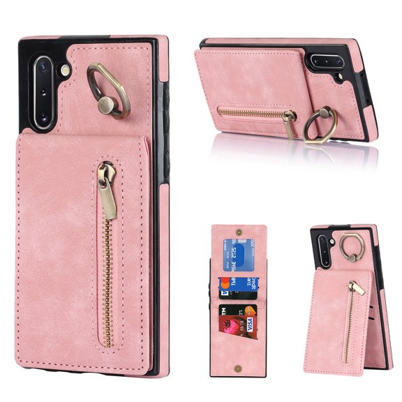 Feishell for Samsung Note 10, Case Wallet with Card Holder Functional Two Way Kickstand Durable Zipper Pocket RFID Blocking Leather Protective Leather for Samsung Galaxy Note 10, Pink
