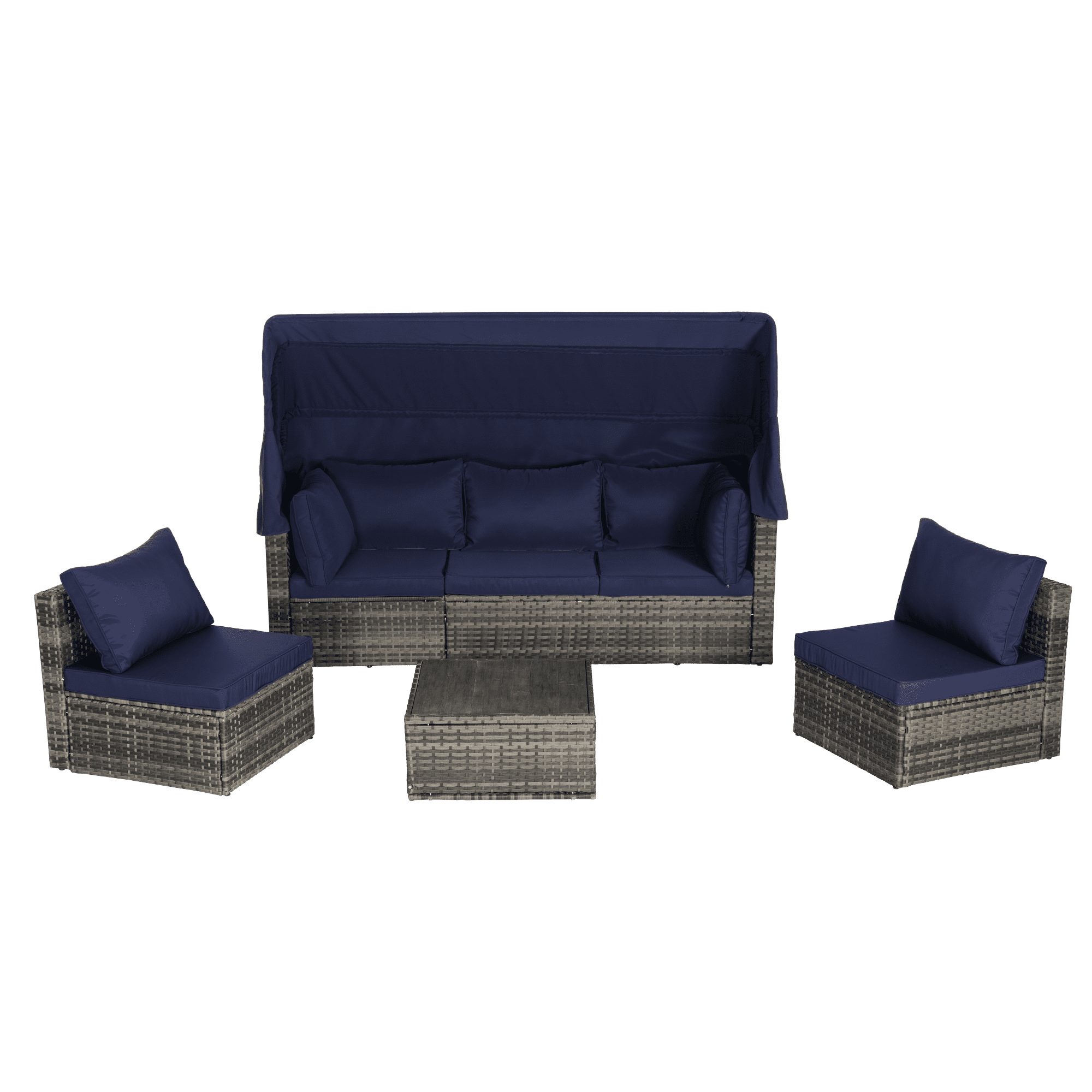 5 Pieces Outdoor Daybed with Retractable Canopy,Patio Wicker Sunbed Furniture Set with Storage Side Table and Sofa Cushions for Backyard, Porch, Garden,Dark Blue
