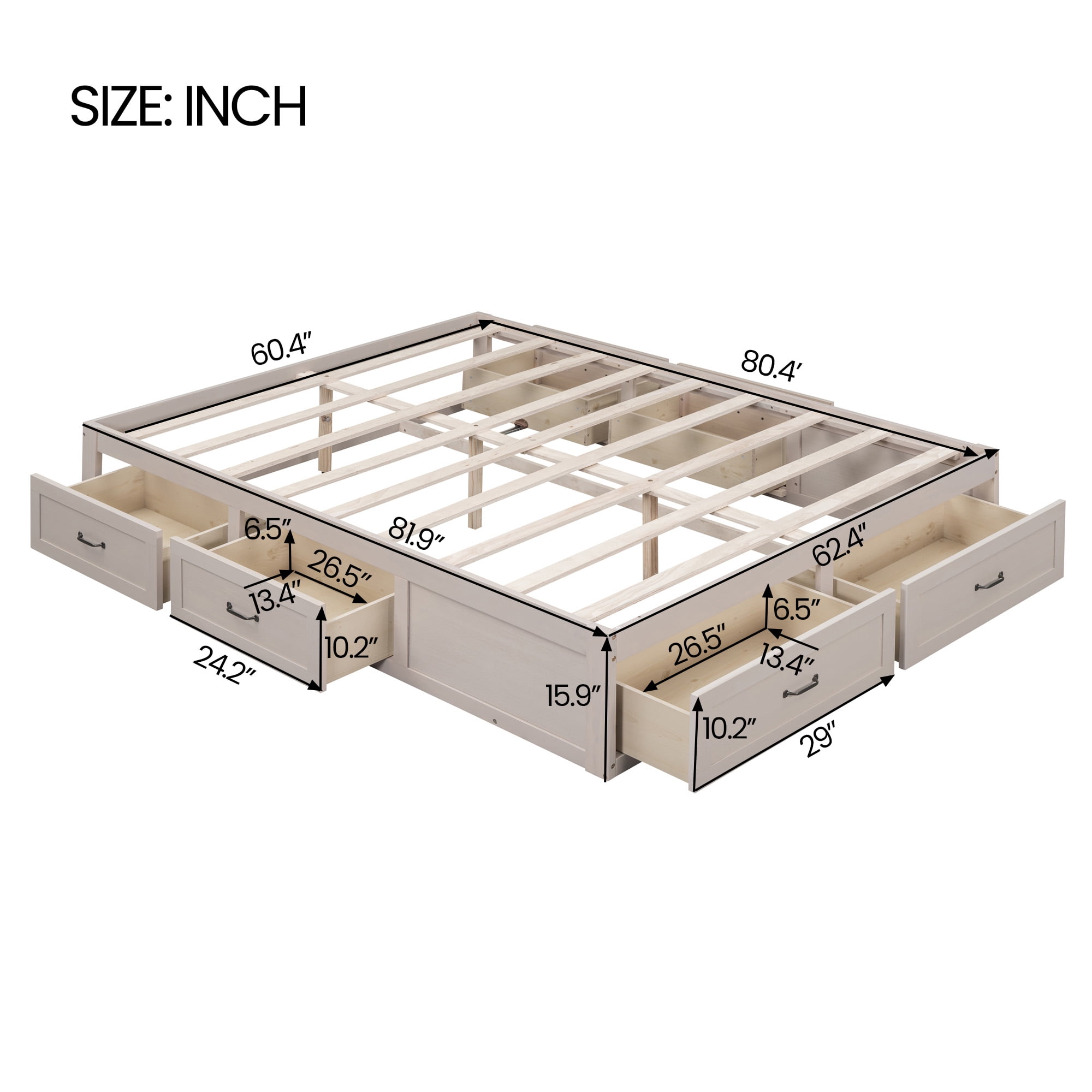 Aukfa Platform Bed with 6 Storage Drawers, Queen Size Captain Bed Frame, Farmhouse Style, Antique White