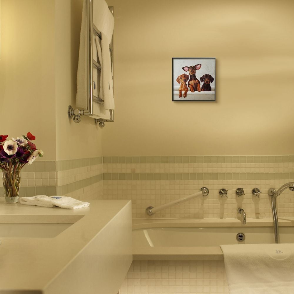 Stupell Industries Dachshunds in the Tub Pet Dog Bathroom Painting Framed Wall Art Design by Lucia Heffernan, 12" x 12", Black Framed