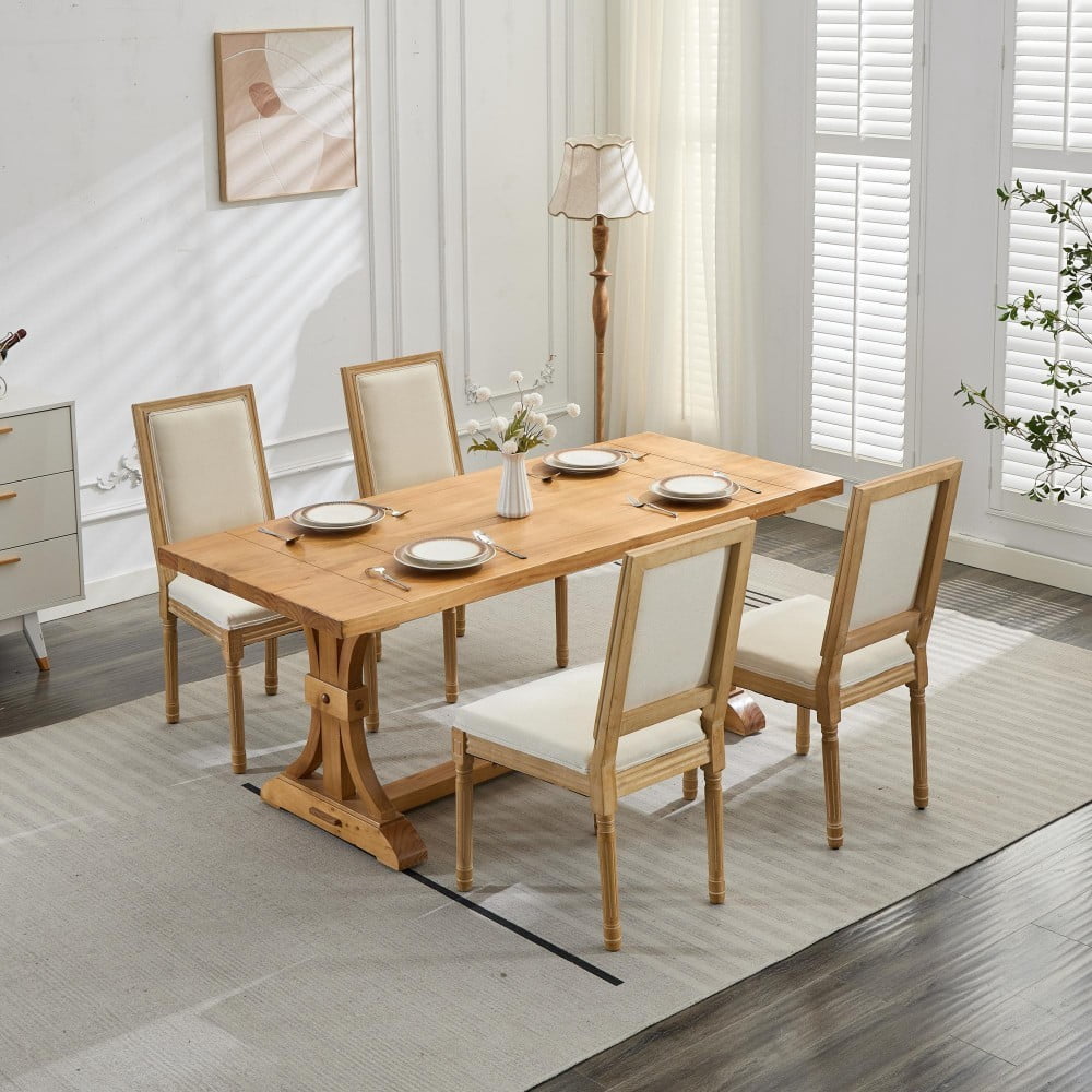 French Dining Chairs Set of 2, Louis Style Upholstered Chairs with Square Backrest, Carved Solid Wood Frame, Linen Fabric, Beige
