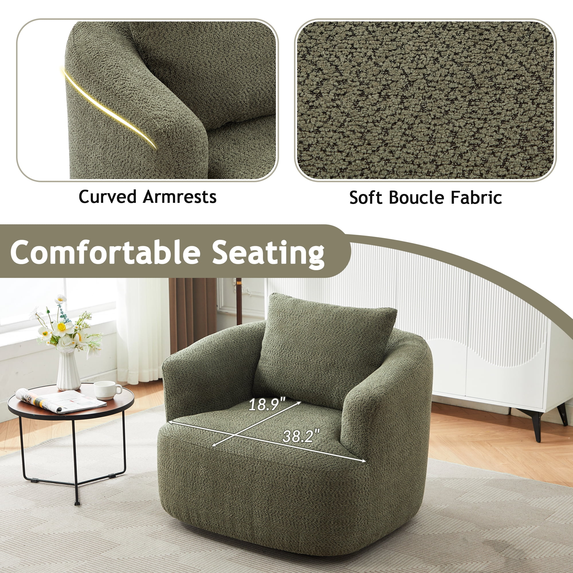 Euroco 360° Swivel Accent Chair with Ergonomic Armrests and Luxe Boucle Cushion