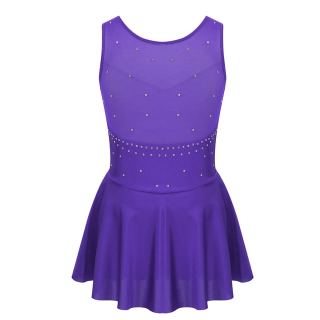 Yeahdor Robe Sans Manches en Strass pour Filles, Patinage Artistique, Danse de Ballet, Gym, Justaucorps avec Jupe Violet 14