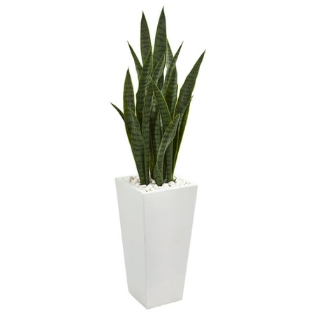 Nearly Natural 4' Plastic Sansevieria Artificial Plant in White Tower Planter, Green