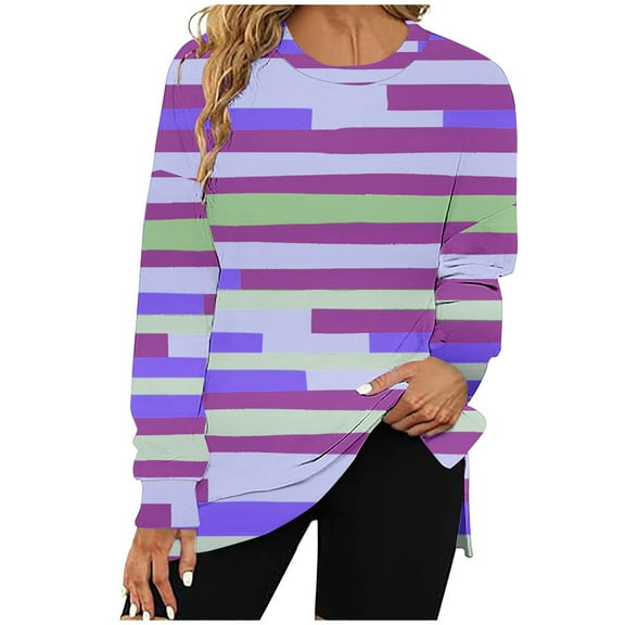 hotojiny Sweatshirts for Women Oversized Crewneck Long Sleeve Pullover Tops Side Slits Printed Casual Sweatshirts