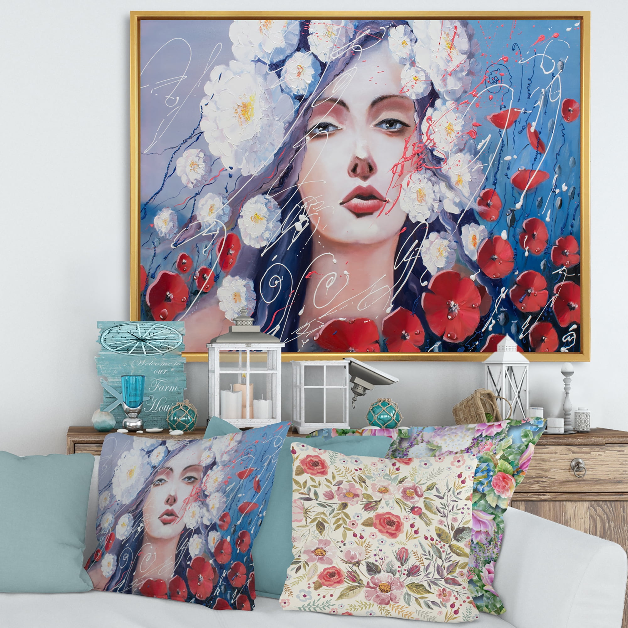 Portrait Of A Young Lady With Red & White Flowers 32 in x 24 in Framed Painting Canvas Art Print, by Designart