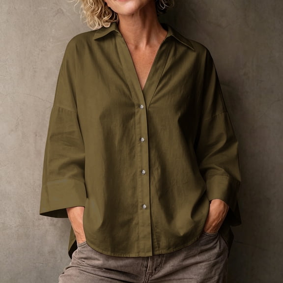 Molidfa Women's V-Neck 3/4 Sleeve Solid Button-Front Casual Shirt