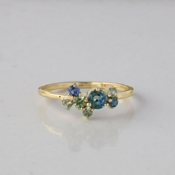 Dainty Minimalist Ring, Blue & Green Sapphire Cluster Ring, Birthday Gift, Lightweight Jewelry, September Birthstone Ring.