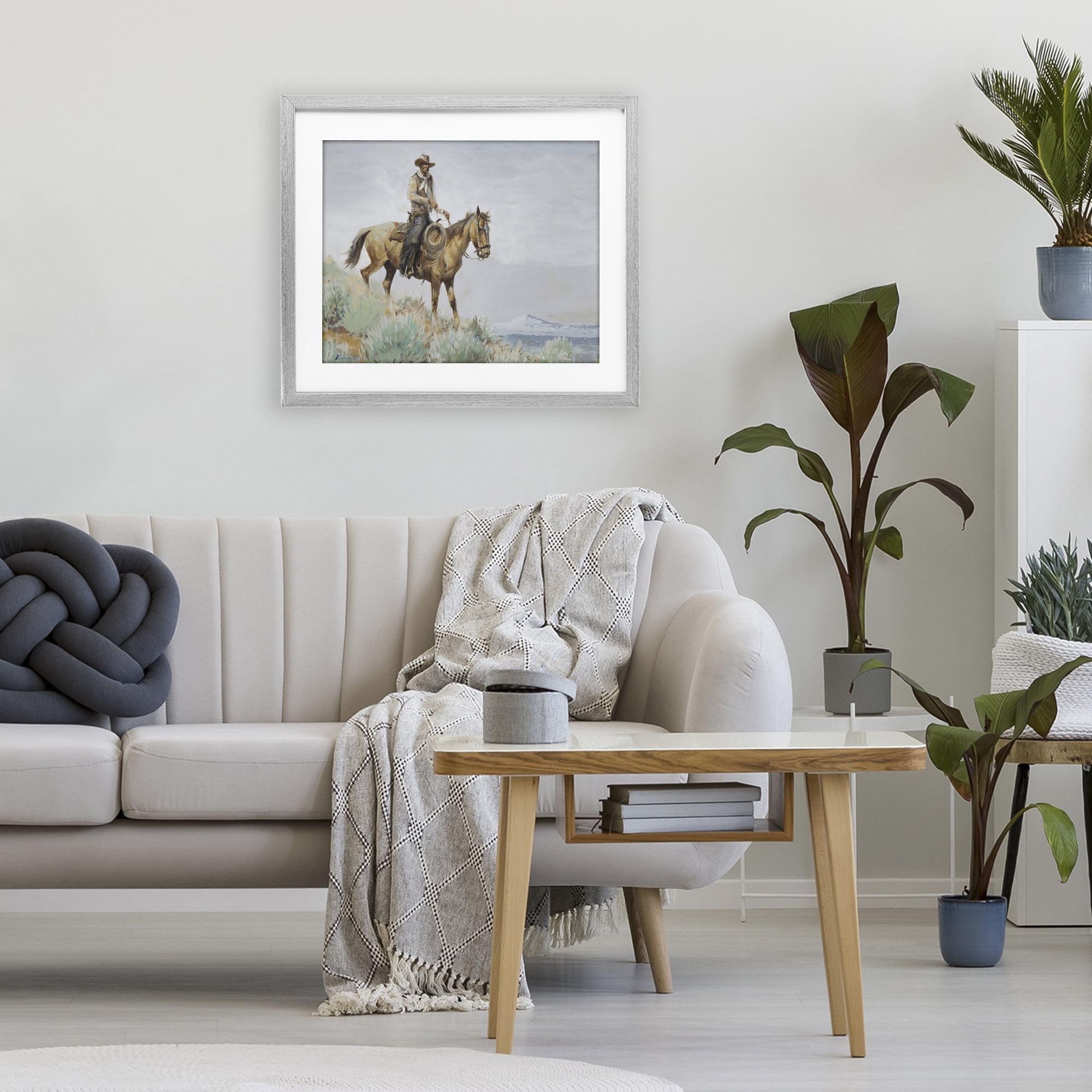 Stupell Industries Mounted Cowboy on Sagebrush Ridge Gray Framed Print Under Glass, design by Arlington Prints