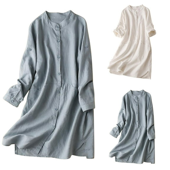 Elainilye Fashion Long Dresses for Women Spring Vintage Solid Long Sleeve Dress Cotton Linen Mock Neck Shirt Dress,Blue