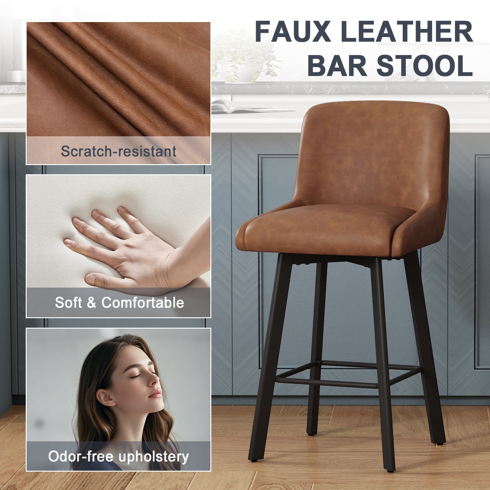 MultiHaven 26.1" Swivel Bar Stools Set of 2, Square Back & Metal Legs, PU Leather Counter Height Chairs for Kitchen, Bar, Cafe - Brown