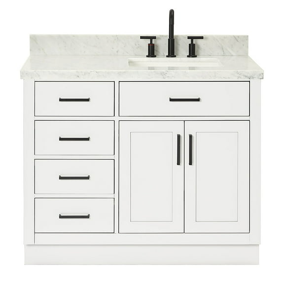 Ariel Hepburn 43 In. Right Offset Rectangle Sink Vanity With 1.5 In. Carrara White Countertop In White