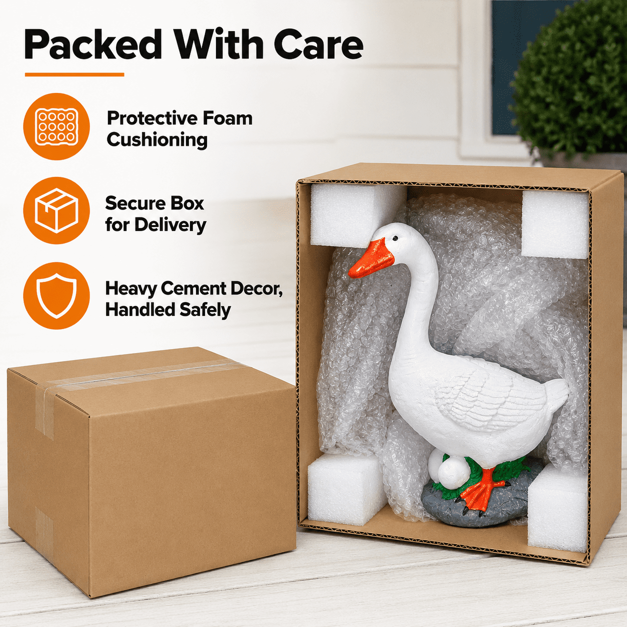 Large 19″ Cement porch Goose Statue, American Dress up goose statue, life-size American sculpture, Bird garden decor, outdoor Gift for mom