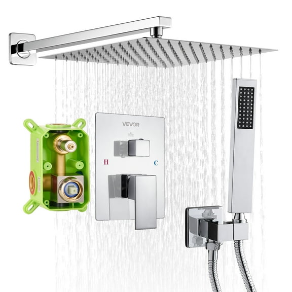 VEVOR Shower Faucet Set, Rainfall Bathroom Shower System with 12-Inch Square Rain Shower Head and Handheld Spray, Wall Mounted Bath Fixtures with Brass Valve and Trim Kit, Silver Chrome