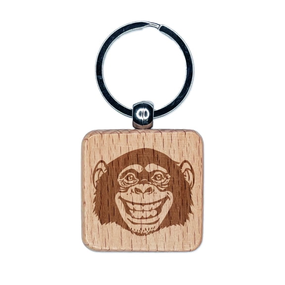 Grinning Chimpanzee Monkey Square Keychain Charm Tag - Engraved Wood