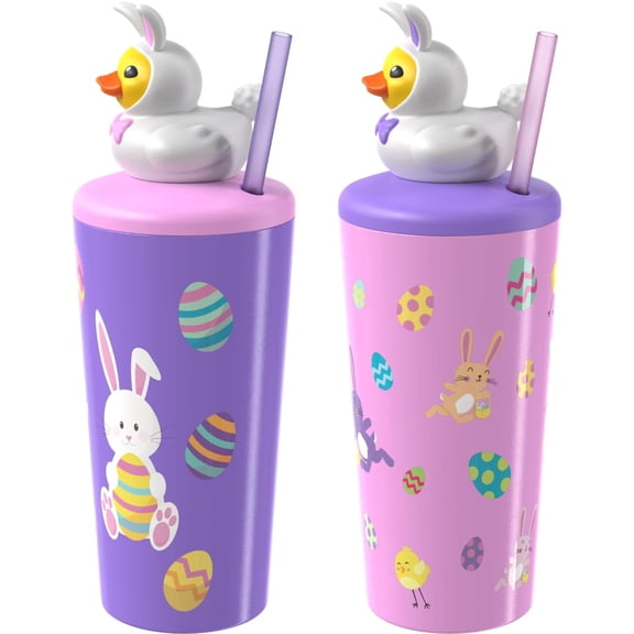 COOL GEAR Pop Topper Kids Tumbler with Straw, Mix-and-Match Character Topper, BPA Free Reusable Cup - EASTER DUCKIE (2-Pack)