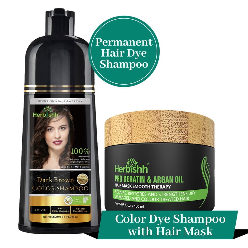 Herbishh Hair Color Shampoo for Grey Hair 500ml + Argan Hair Mask for Dry or Damaged Hair | Hair Dye | Cover Grey Hair for Men and Women (Dark Brown)
